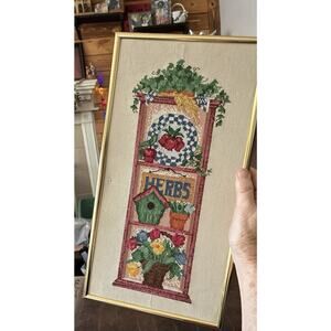Vintage 15” X 8” Professionally Framed Cross Stitch Herbs Gardening Flower READ
